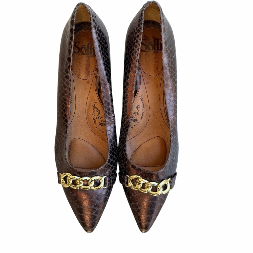 Soft Abbot Brown Leather Wedge with Snakeskin Print & Gold Chain Detail Size 11M